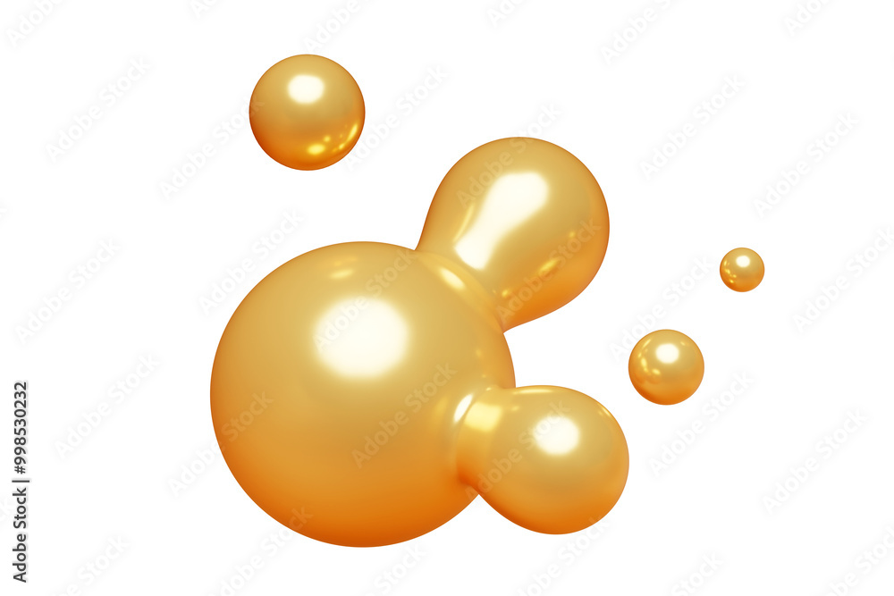 Poster golden abstract liquid metaball shape. 3d render illustration of fluid soft bubble blob. organic gol