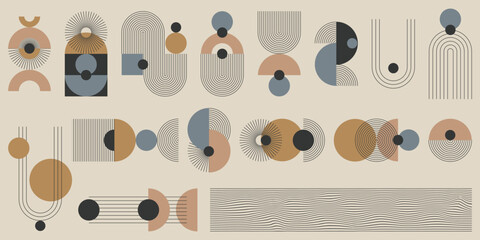 Monochromatyczny zestaw abstrakcyjnych elementów z kolorystycznym akcentem. Geometryczne kształty w paski, minimalistyczne cienkie linie, łuki, elipsy, kwadraty. Ilustracja wektorowa.
