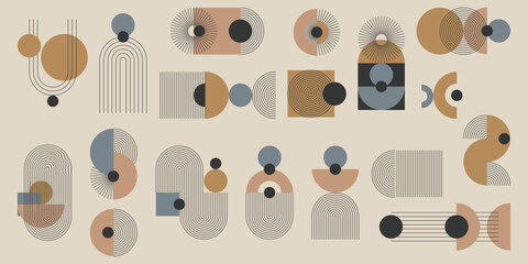 Obraz premium Monochromatyczny zestaw abstrakcyjnych elementów z kolorystycznym akcentem. Geometryczne kształty w paski, minimalistyczne cienkie linie, łuki, elipsy, kwadraty. Ilustracja wektorowa.