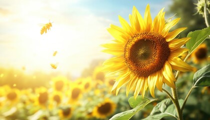 Fototapeta premium Sunflower Field with Bees in Bright Sunlight