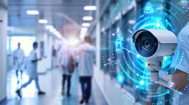 Surveillance camera monitoring hospital corridor with medical staff