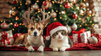 Festive Pet Portrait with Dog in Reindeer Antlers and Cat in Santa Hat by a Decorated Christmas Tree
