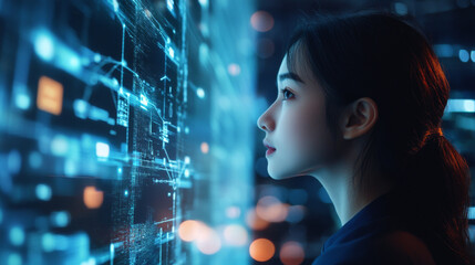 Young woman looking at digital data interface, technology concept