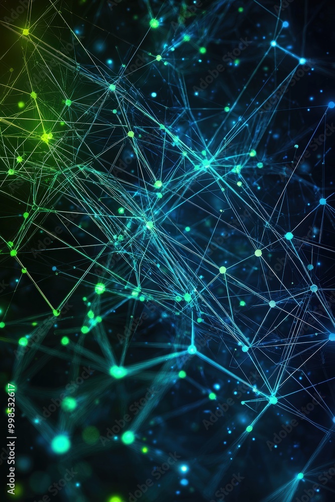 Poster futuristic abstract background with interconnected glowing nodes and lines in neon blue and green - 