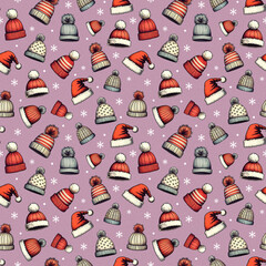 Cozy winter hats and snowflakes seamless pattern design