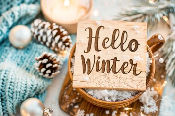 Winter greeting card on flat lay background with pine cones and seasonal decor
