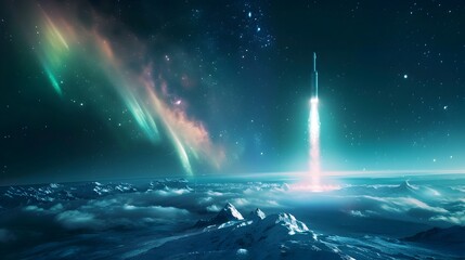 Majestic Space Rocket Blasting Off Amidst Aurora Borealis Celestial Display