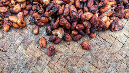 Selective focus of Cacao beans or chocolate fruit are the fruit seeds of the cacao tree (Theobroma cacao). buah kakao