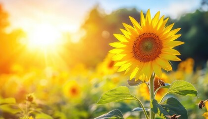 Obraz premium Sunflower Field with Bees in Bright Sunlight