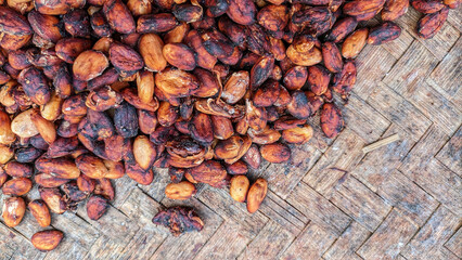 Selective focus of Cacao beans or chocolate fruit are the fruit seeds of the cacao tree (Theobroma cacao). buah kakao