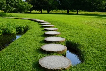 Stepping Stones in Lush Garden, tranquil path over green grass, serene landscape with reflective water and trees
