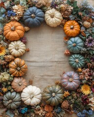 autumn, Halloween backdrop with decoration and pumpkins on grey background. festive card, flyer, invitation concept, seasonal celebration.copy space