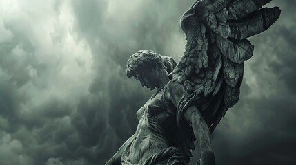 Dramatic icarus statue in mid fall with detailed wings against a stormy sky backdrop