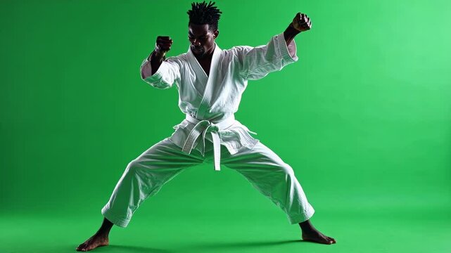 Young athletic man practicing martial arts is assuming a defensive stance with his fists raised on a green screen background