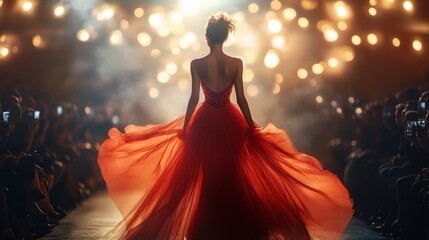A woman in a red dress is walking down a runway in front of a crowd
