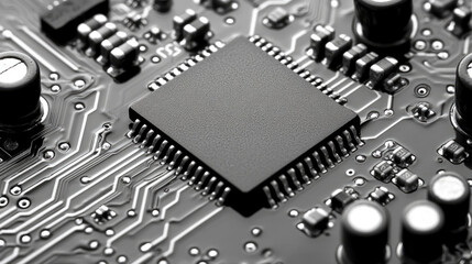 Fototapeta premium A detailed view of a microchip on a complex circuit board, showcasing electronic components arranged intricately in a tech environment