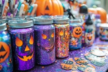 holographic silver and purple craft workshop with thick paper, sequins and stickers for making Halloween decorations. handmade holiday concept.