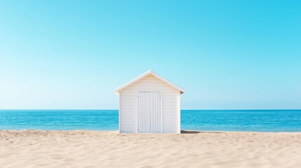 Obraz premium A solitary beach hut stands on the sand, overlooking a calm sea under a clear blue sky at midday.
