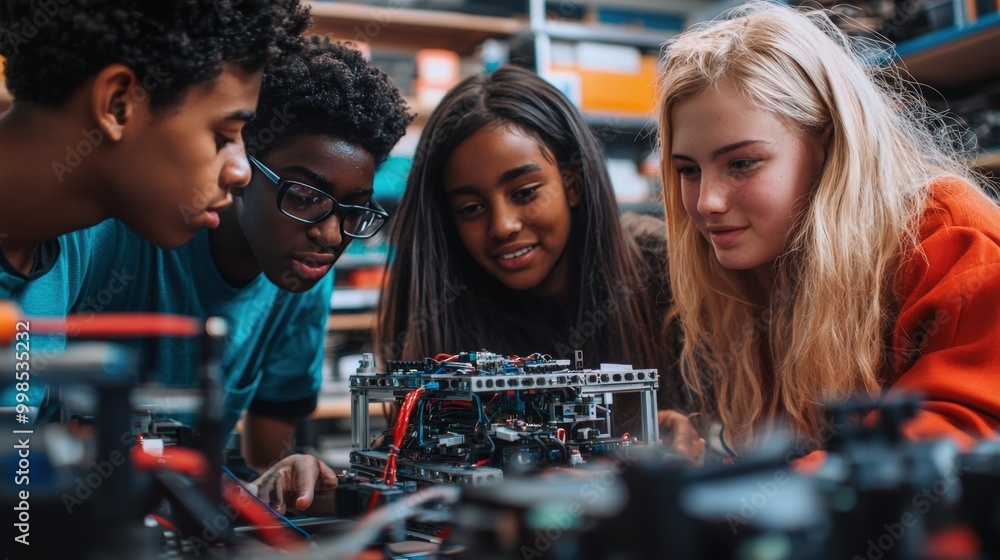 Poster diverse group of students collaborating on robotics project in modern school lab