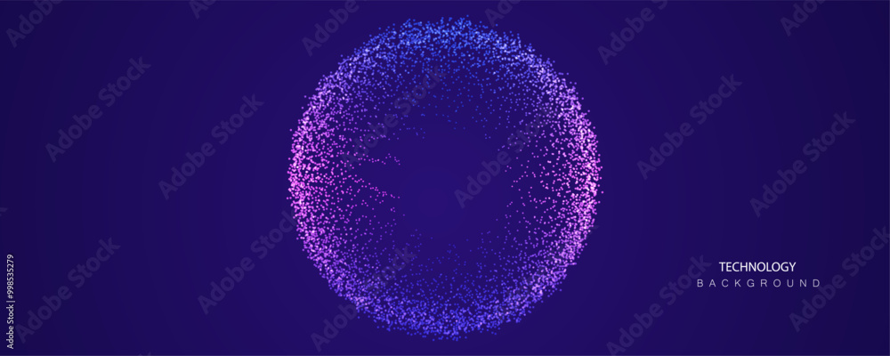 Poster a.i. technology particles banner. dots explosion ai big data neon round background. artificial intel