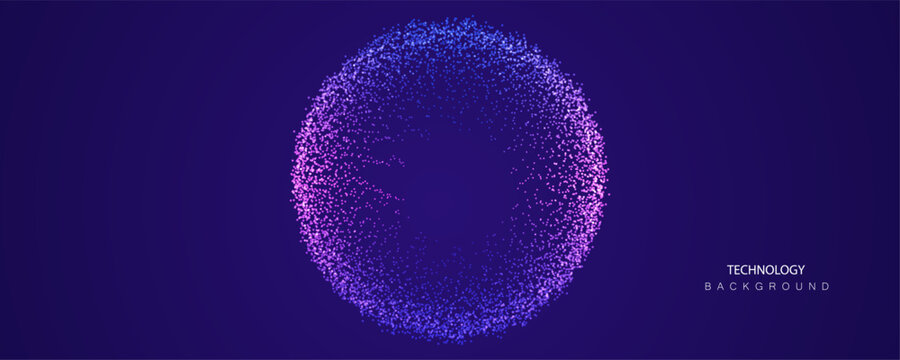 A.I. Technology particles banner. Dots explosion ai big data neon round background. Artificial Intelligence futuristic circles connect design.