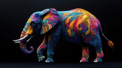 Fototapeta premium Colorful patterned elephant standing against a black background.