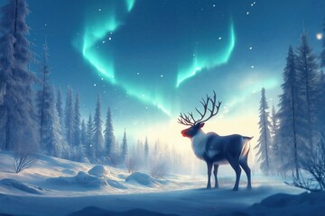 Christmas Reindeer Under Northern Lights in Winter Wonderland
