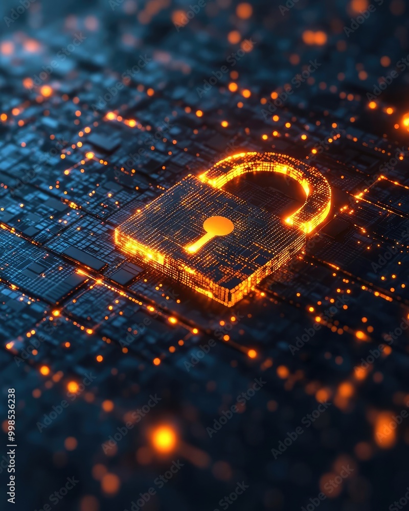 Poster a digital padlock symbol glowing on a circuit board background, representing online security and dat