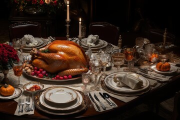 Thanksgiving turkey dinner table or Christmas set plates and table settings decorated professionally