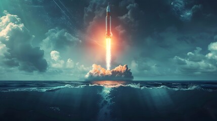 Obraz premium Rocket Blasting Off from Underwater Base into Starry Night Sky Futuristic Space Concept