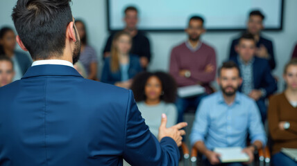 Modern conference room or seminar hall filled with blurred attentive diverse audience listening focused on professional speaker presenter man or college teacher presenting and explaining in front. 