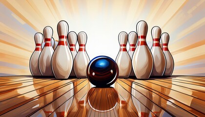 A bowling scene with a shiny blue ball rolling toward a set of pins, illuminated by radiant beams in a vibrant atmosphere.