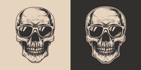 Vintage retro engraving woodcut style sketch draw paint of anatomy skull skeleton head portrait with sunglasses hipster style illustration