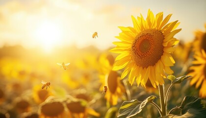 Obraz premium Sunflower Field with Bees in Bright Sunlight