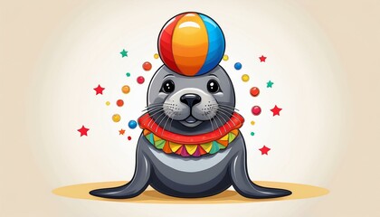 A playful seal balances a colorful ball on its head, surrounded by confetti and stars, exuding an enchanting circus atmosphere.