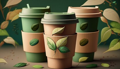 Three stylish coffee cups with earthy tones, decorated with leaf motifs, surrounded by green foliage, showcasing an eco-friendly design theme.