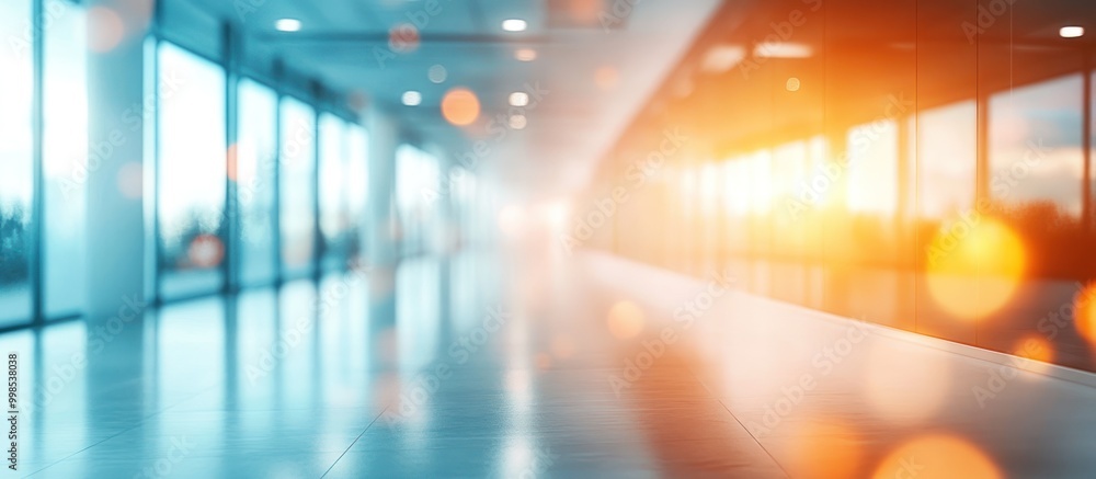 Sticker Blurred hallway in modern office building with large windows and bright sunlight.