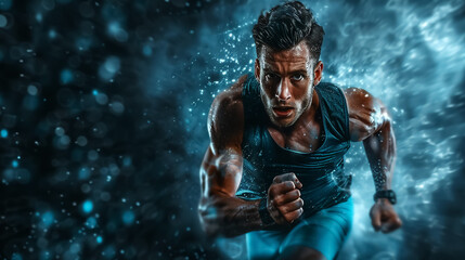 determined man is sprinting forward, showcasing his strength and athleticism against dynamic, energetic background. image captures essence of intense training and motivation
