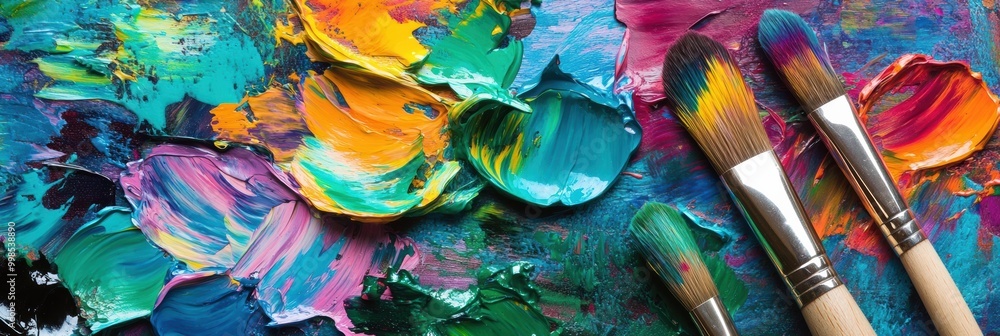 Aufkleber Bright splashes of color fill a paint palette, while brushes rest on a canvas, inviting creativity and artistic expression. Generative AI
