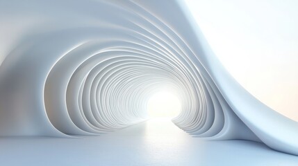 The futuristic tunnel leads to the light. Wide angle. Modern style abstract 3D rendered background in white