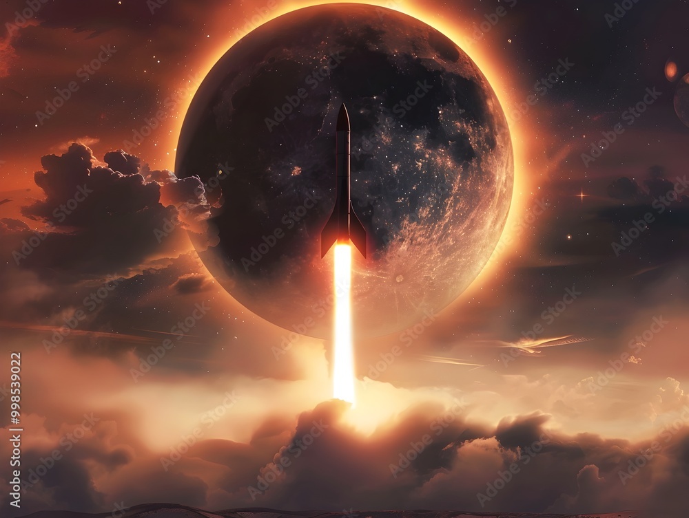Poster dramatic rocket launch during solar eclipse capturing celestial alignment