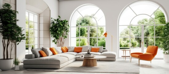 Modern Living Room with Large Windows and Orange Accents