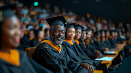 Fototapeta premium Portrait of mature students of different races in a lecture hall during the reception of university diplomas.