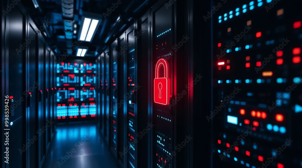 Poster red lock icon on a server in a secure data center, symbolizing strong data protection and cybersecur