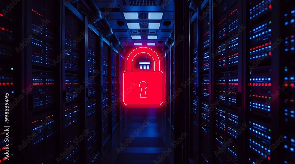 Poster red lock icon on a server in a secure data center, symbolizing strong data protection and cybersecur