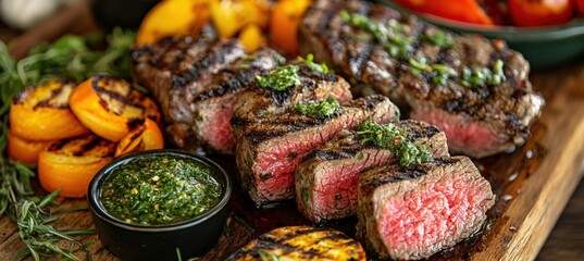 Fototapeta premium Grilled Steak Dinner with Vegetables and Chimichurri at Bustling Outdoor Market