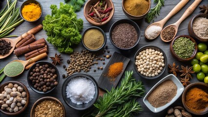 Top view of Herbs and spices isolated on background, ingredients for cooking food, healthy vegetables food, high fibers and vitamins.