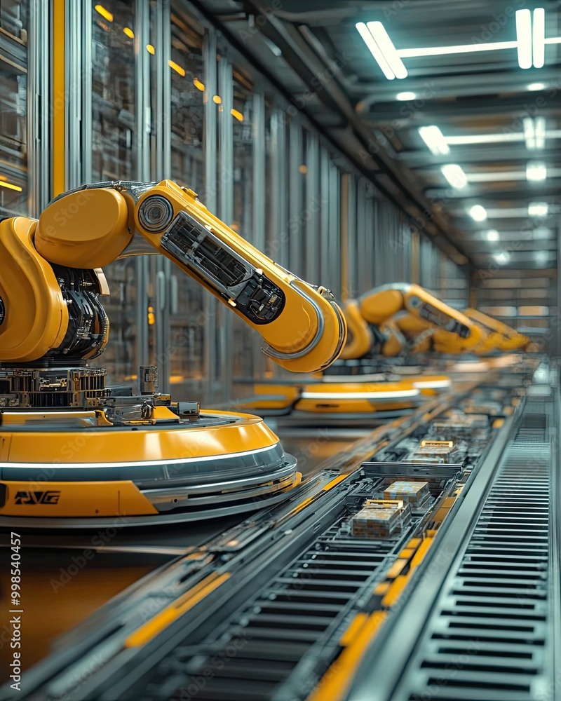 Poster automated robotic arms positioned on a factory assembly line, showcasing advanced technology in manu