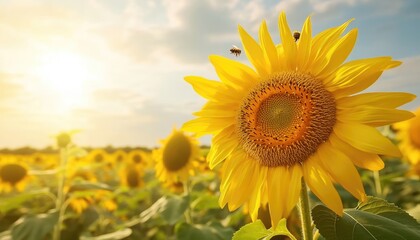 Obraz premium Sunflower Field with Bees in Bright Sunlight