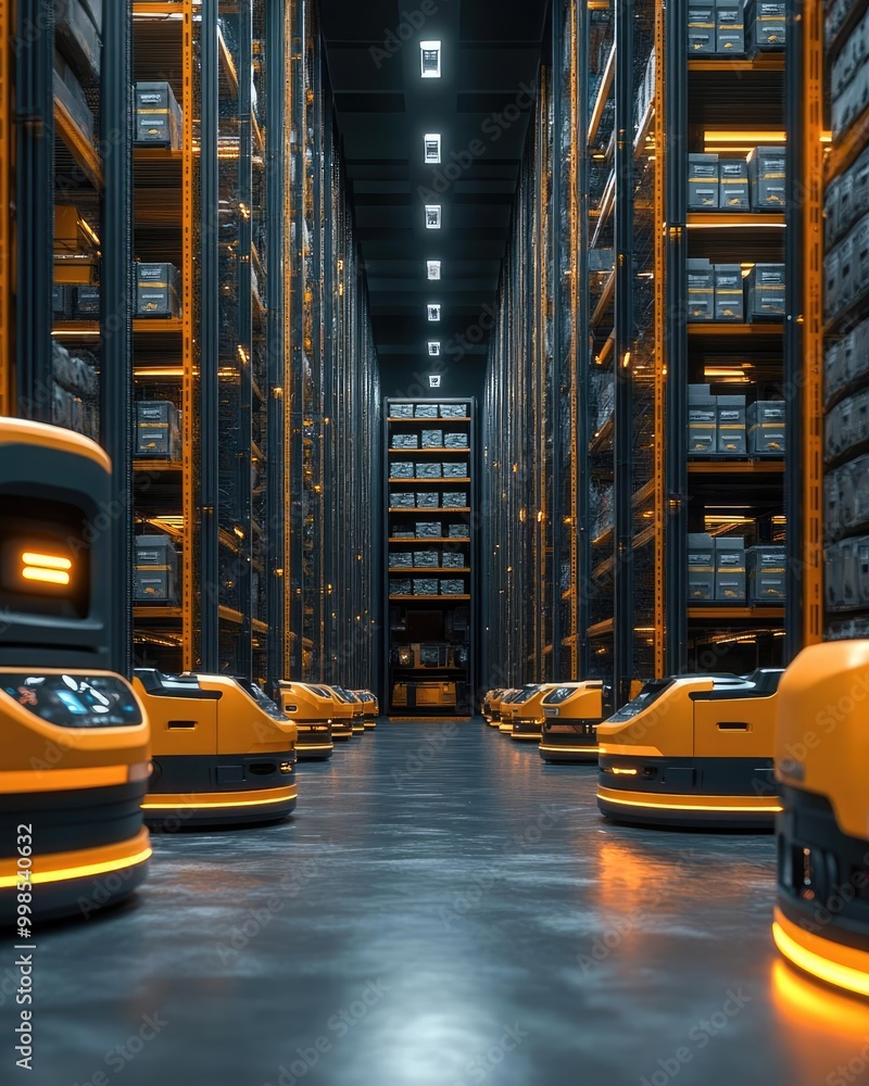 Poster a futuristic automated warehouse with orange robots efficiently navigating between rows of shelves l